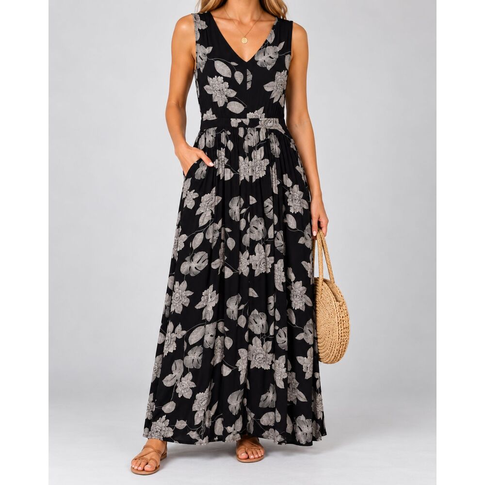 Roxy Black Floral Maxi Dress Womens Small V Neck Sleeveless Pockets Boho